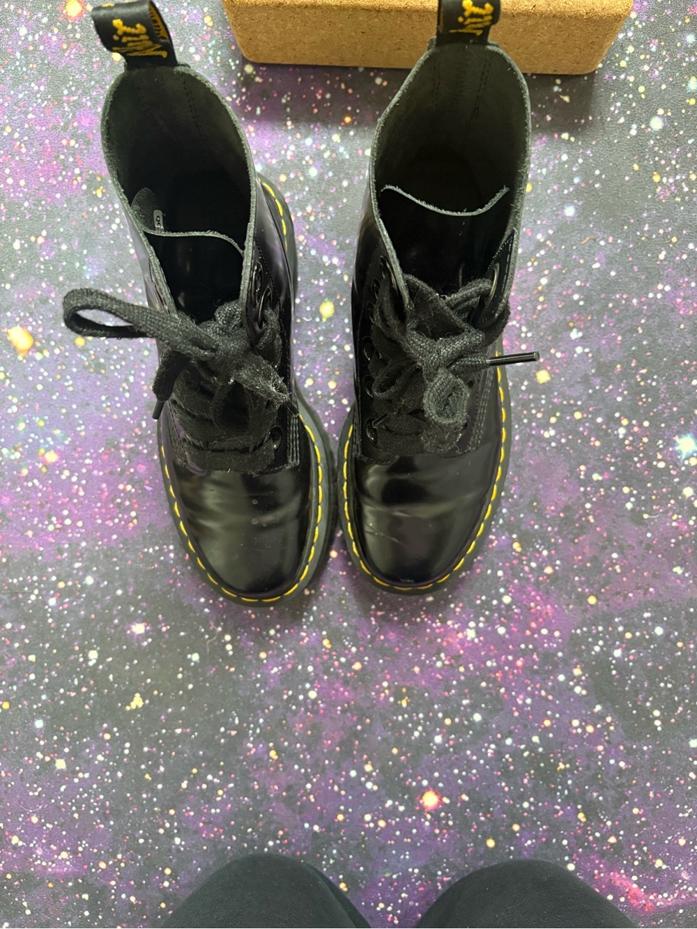 Doc Martin Black Lace-Up Combat Boots with Yellow Stitching platform sole